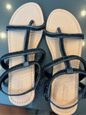 Mixit Black Crystal-Strap Flat Sandals for Women
